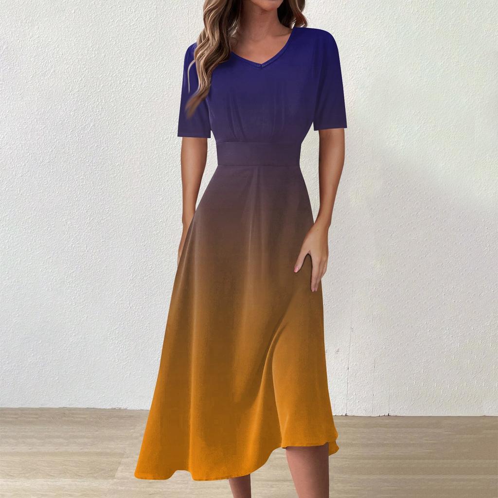 Женское повседневное модное платье с цветным V-образным вырезом и коротким рукавом на талии, длинное свободное платье