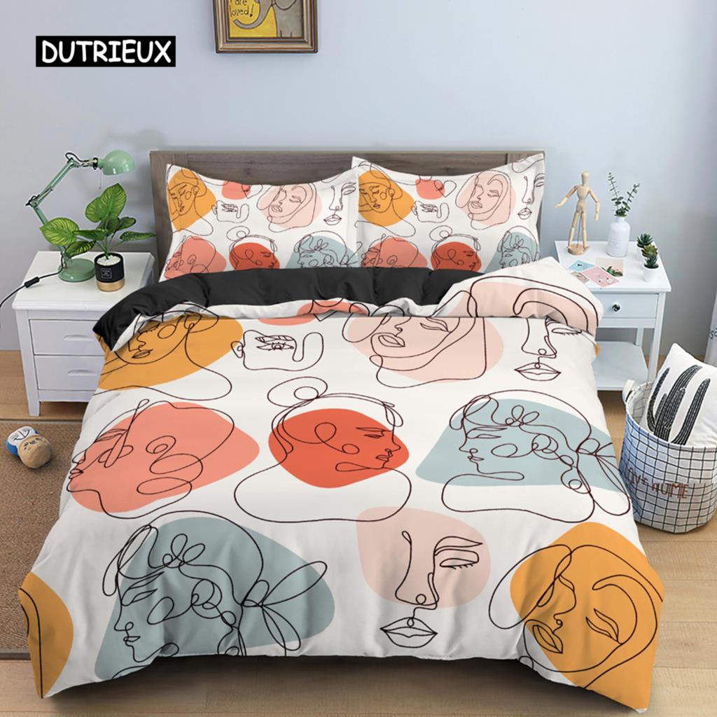 Комплект постельного белья с портретом в скандинавском стиле с абстрактным персонажем и пододеяльником King Size, полиэстер, современный стиль, декор комнаты