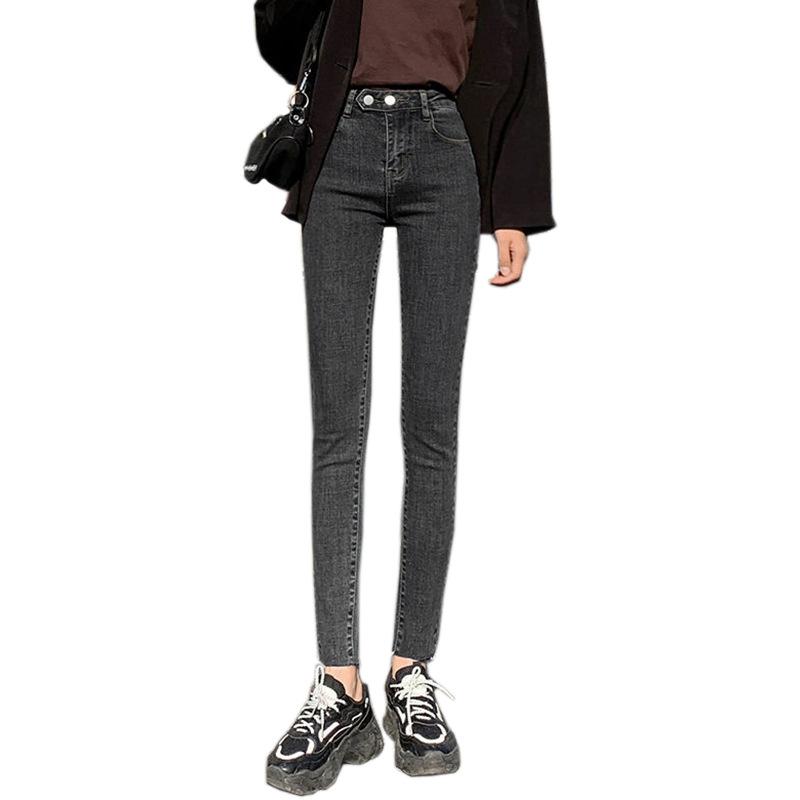 Черные и серые джинсы женские с высокой талией были тонкими в новом корейском стиле, универсальные узкие брюки-карандаш с девятью точками, трендовые универсальные брюки