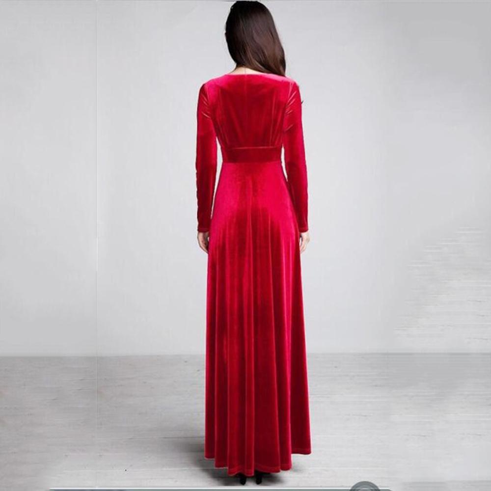 Womens Autumn Dress Velvet Long Sleeve V Neck .