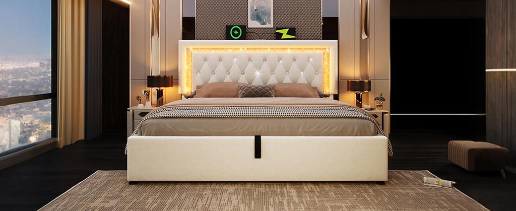 Upholstered bed 160x200 cm velvet with LED diamond band, USB & Type-C charging station, storage compartment, slatted frame, beige (without mattress)