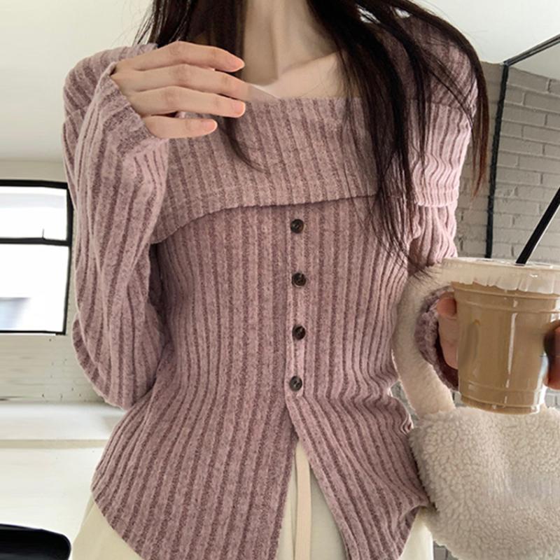 Knit Pullover Women Chic Off Shoulder Casual Slim Gentle Sweater Female Spring New Fashion Solid Long Sleeves Knitwears Lady