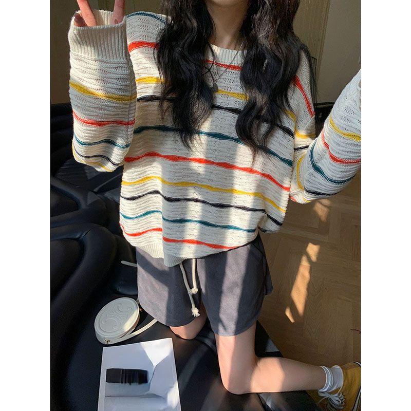 Осенне-зимний женский свитер, радужные свитера, пуловер с принтом тай-дай, длинный свободный полосатый женский вязаный топ с круглым вырезом