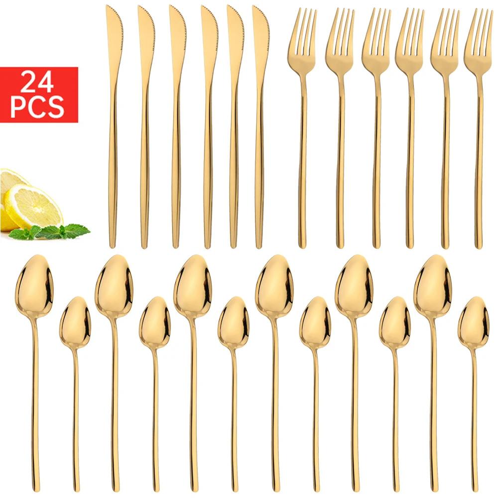 24Pcs Christmas Dinnerware Set Stainless Steel Tableware Knife Fork Dessert Spoon Flatware Black Western Kitchen Cutlery Gift