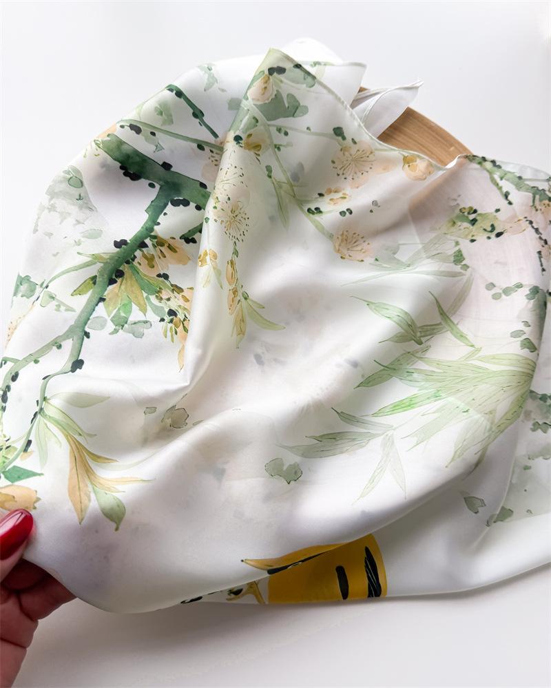 Flowers Birds Print Shawl Square Scarf for Women Satin Fashion Wraps Neckerchief Female Hair Bands Ribbon Headband Bandana