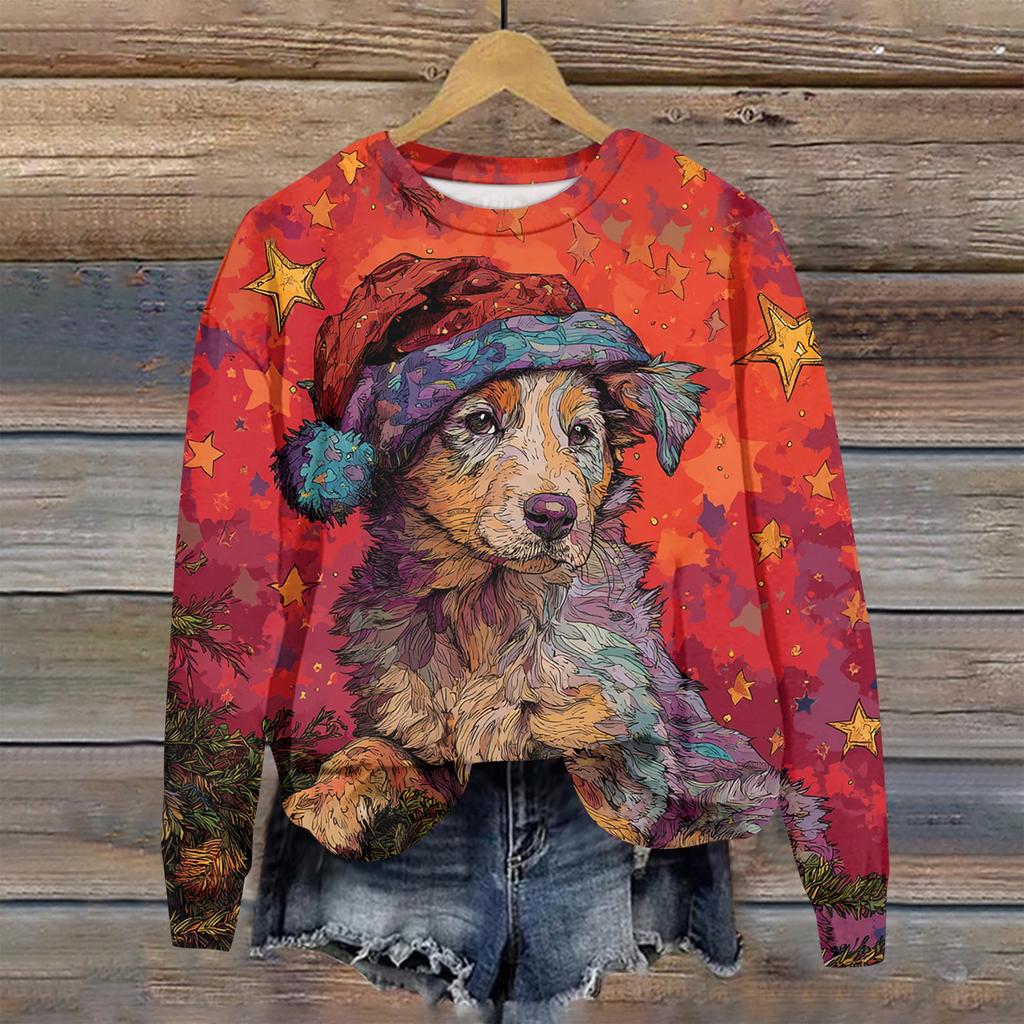 Женская толстовка с рождественским принтом, с длинным рукавом и круглым вырезом, свободный топ