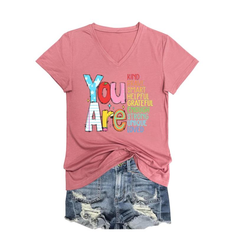 Летний топ с V-образным вырезом и вдохновляющим текстом, модные повседневные женские футболки с коротким рукавом