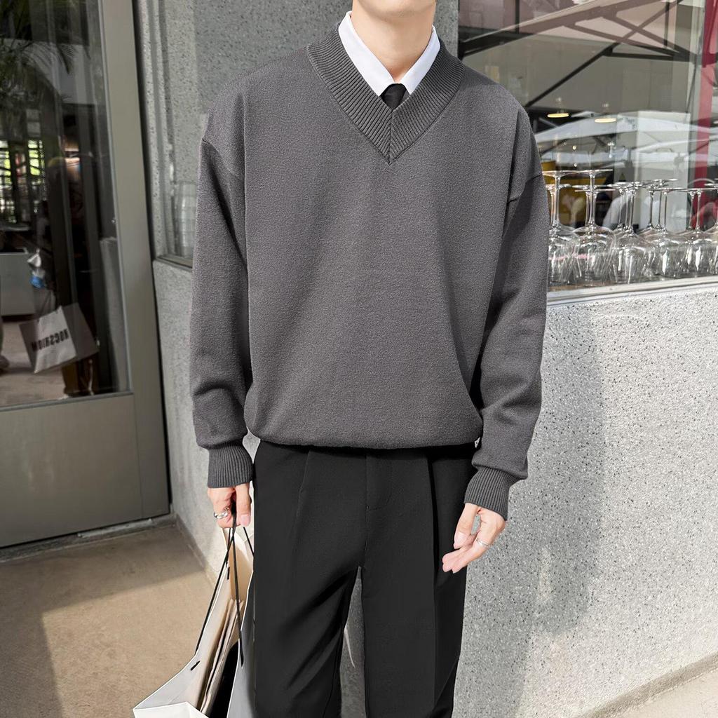 Unisex Retro V-Neck Sweater - Two-Piece Look, Autumn/Winter Style