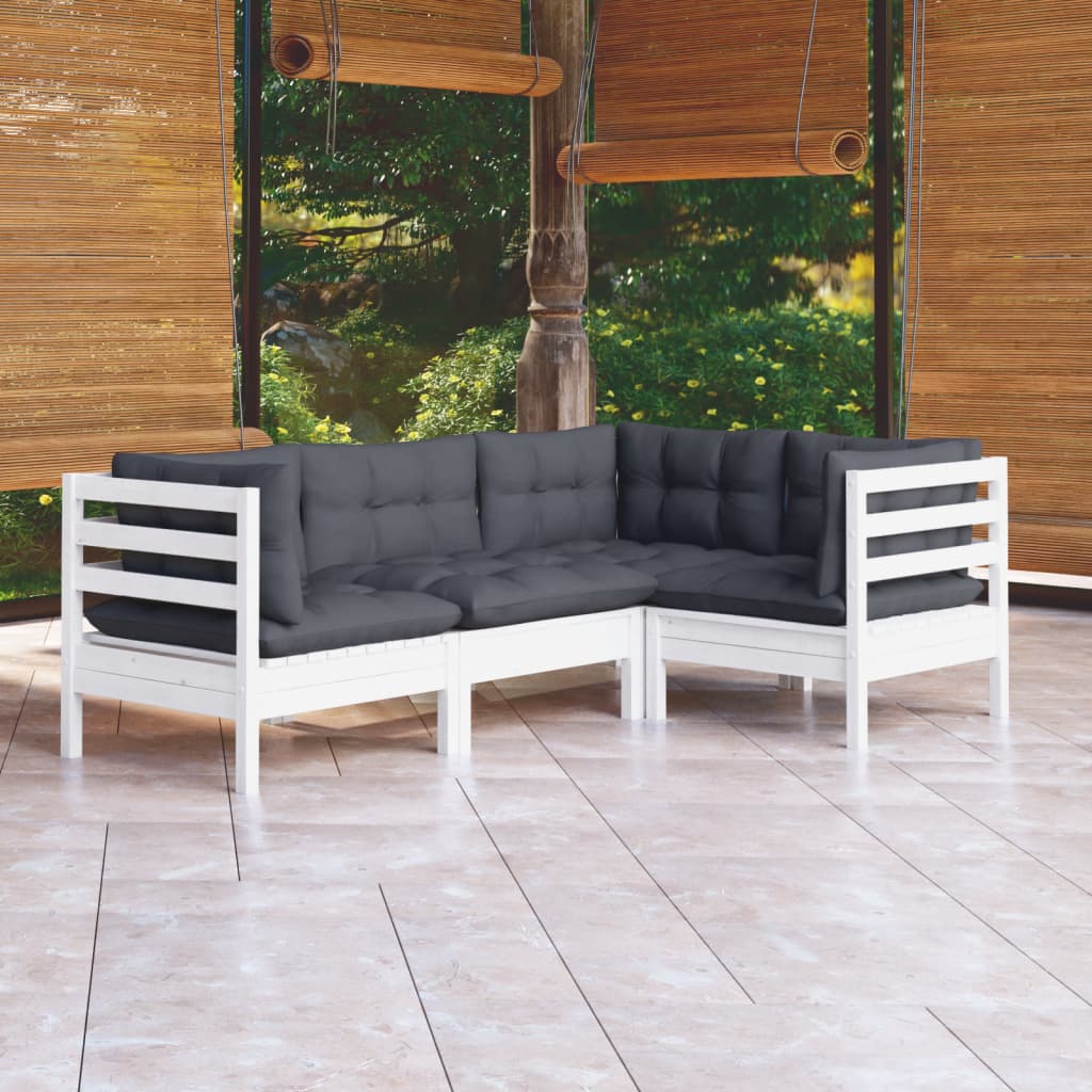vidaXL 4-tlg. Garten-Lounge-Set mit Kissen Weiß Kiefernholz