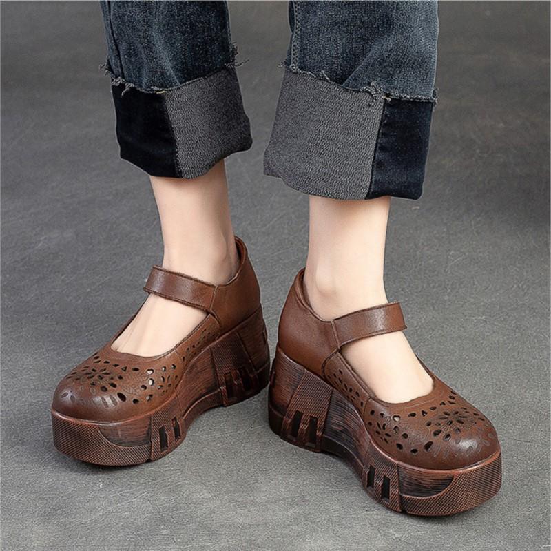 Johnature Туфли на платформе с толстой подошвой и круглым носком, женские винтажные удобные сандалии на танкетке из натуральной кожи