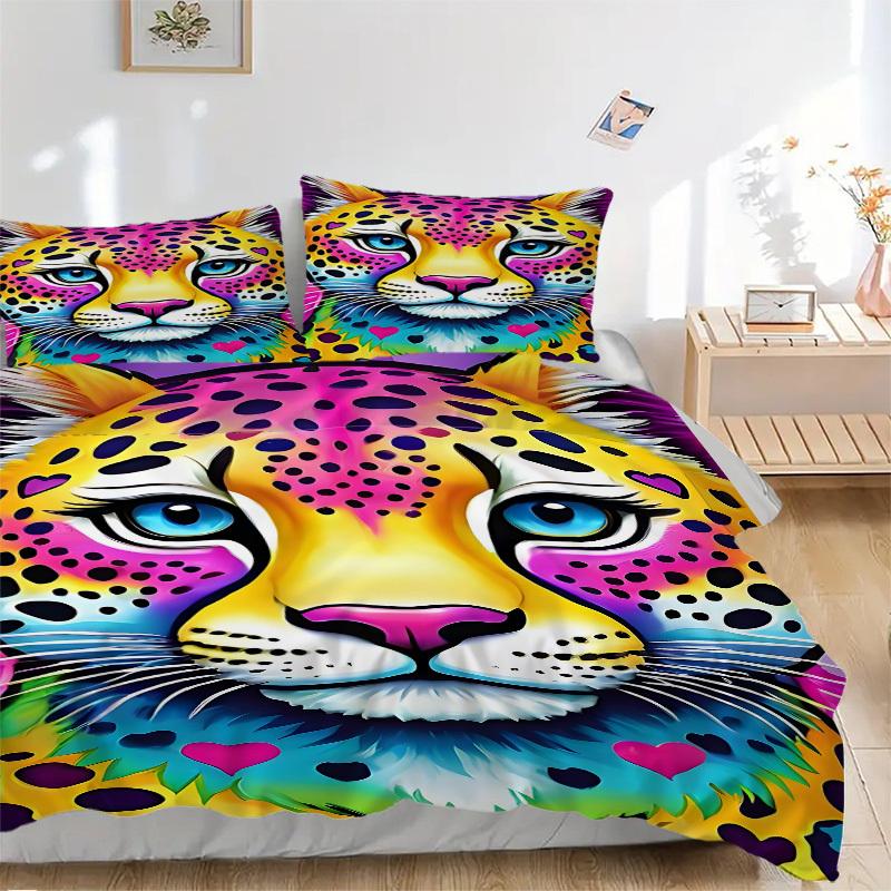 3PCs Colorful Leopard Print Design Cover Set, Breathable Fabric, Machine Washable (1 Duvet Cover + 2 Pillowcases) (Without Quilt) yy250911157