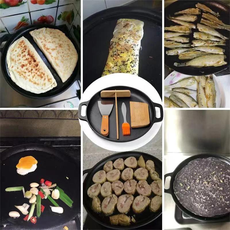 28 см Чугунная Круглая Сковорода-Гриль для Блинов и Пиццы с Двумя Ручками Сковорода для Блинов и Пиццы Кухонная Посуда для Приготовления на Открытом Воздухе Барбекю Гриль Сковорода