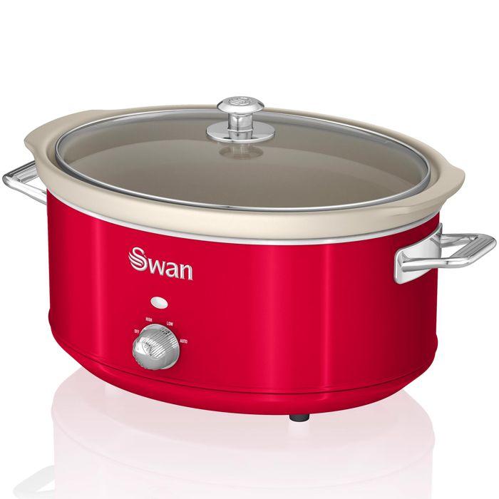 Retro Mijoteuse 6,5L Poêle Amovible en Céramique Antiadhésive, Vintage SWAN SF17031RNEU 320W Rouge