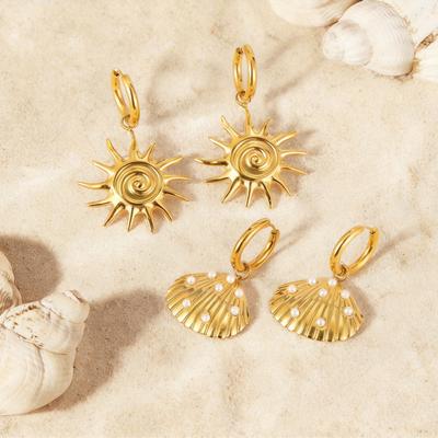 Солнечные Серьги из Перламутровой Раковины для Женщин, Гипоаллергенные Висячие Серьги из Нержавеющей Стали, Водонепроницаемые Уникальные Ювелирные Изделия с PVD Покрытием