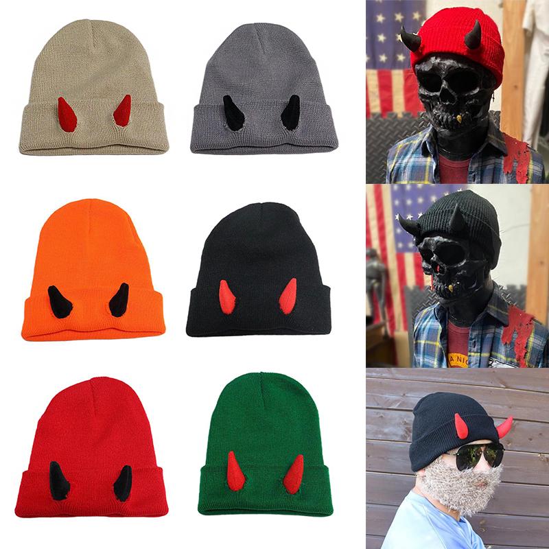 1PC Devil Trendy Warm Stretchy Knitted Playful Beanie Winter-Ready Hat Cold-Resistant Horn Soft-Knitted