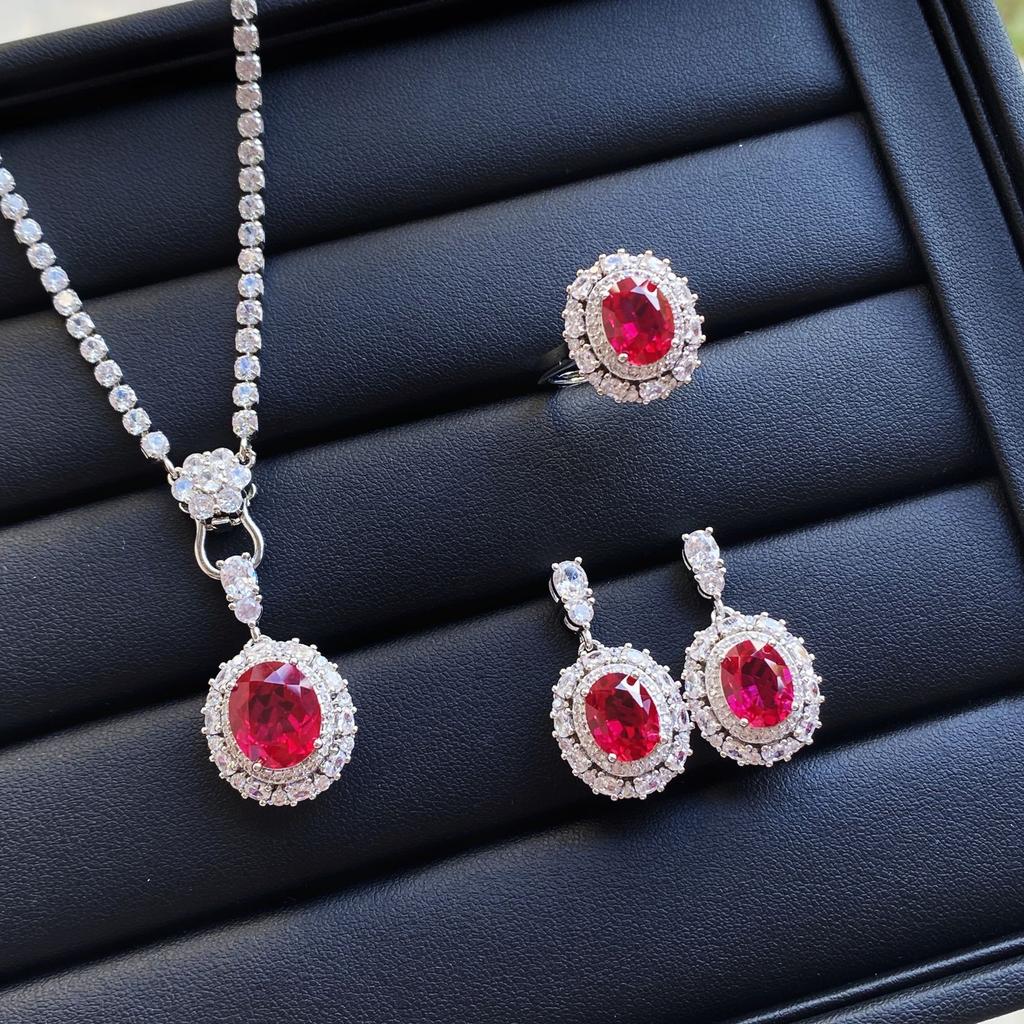 2025 Retro Ruby Jewelry Set 925 Sterling Silver Engagement Ring Earrings Necklace Women's Party Gift