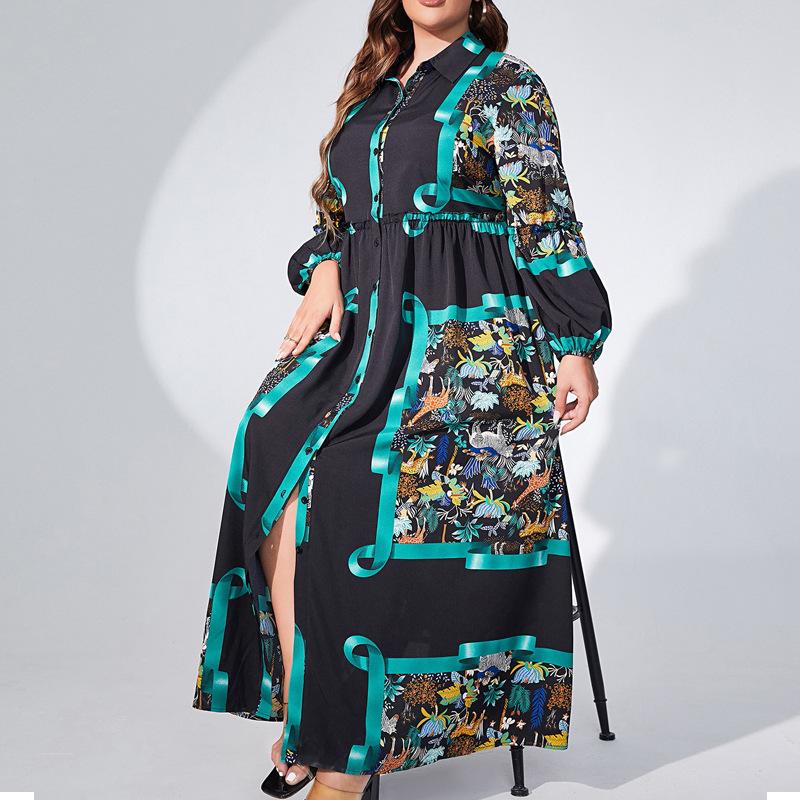 Женское легкое роскошное платье-фонарик с длинным рукавом и круглым вырезом, приталенное, однобортное, с принтом, элегантное платье больших размеров