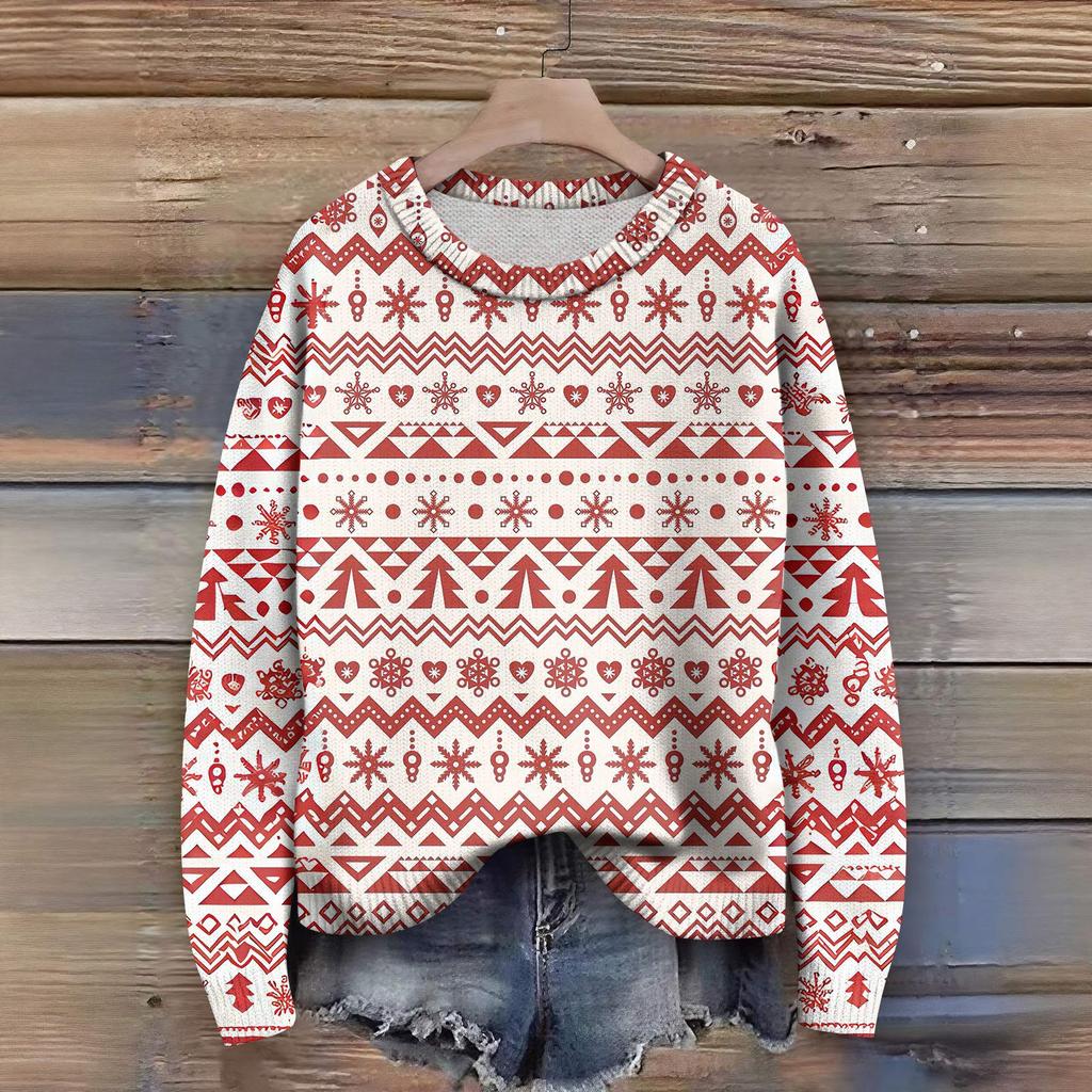 Long Sleeve Pullover Sweaters For Women O Neck Casual Cute Printing Knit Oversized Sweater