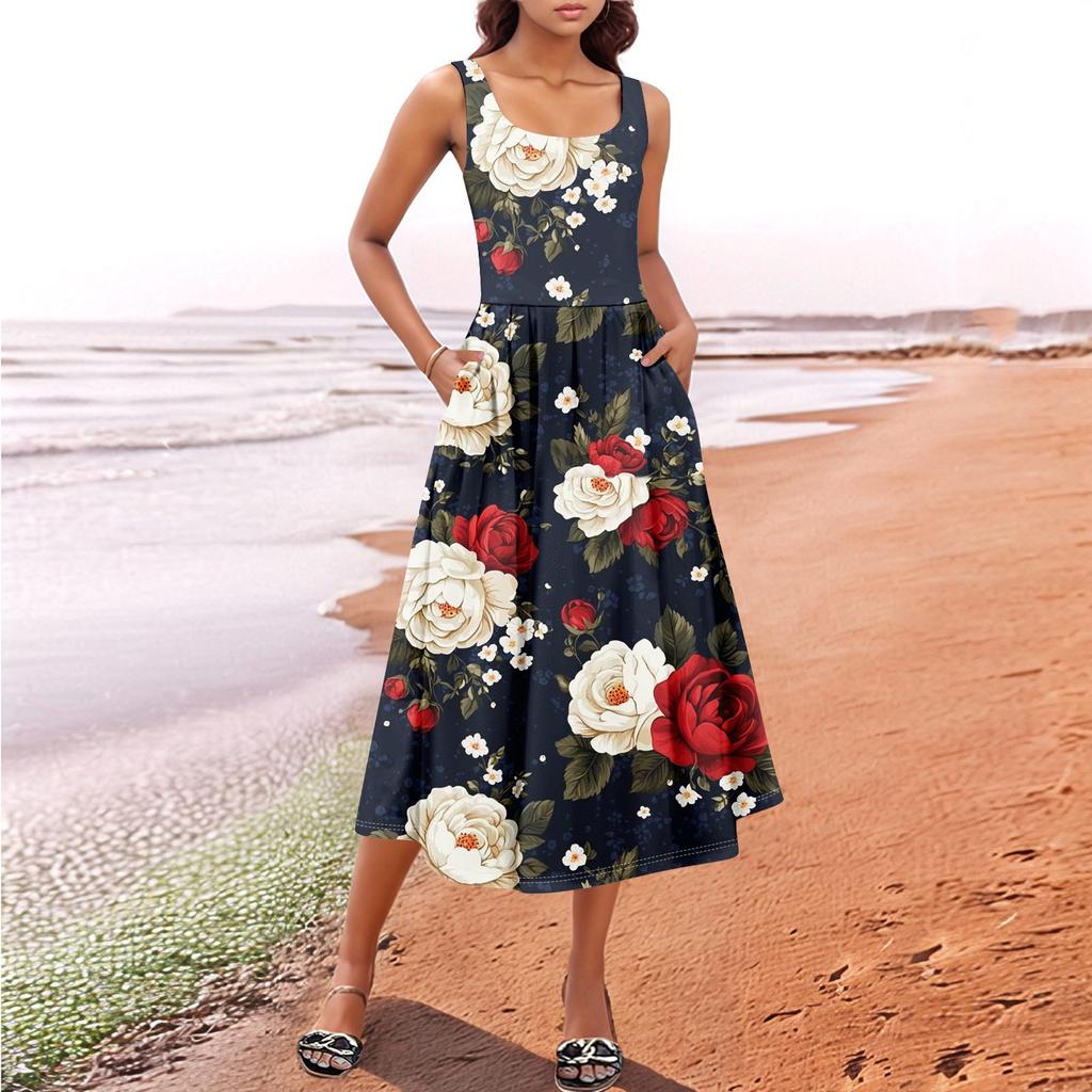 Women's  Summer Spring Casual Floral Sundress Sleeveless Beach Vacation Flowy Boho Tank Midi Dresses
