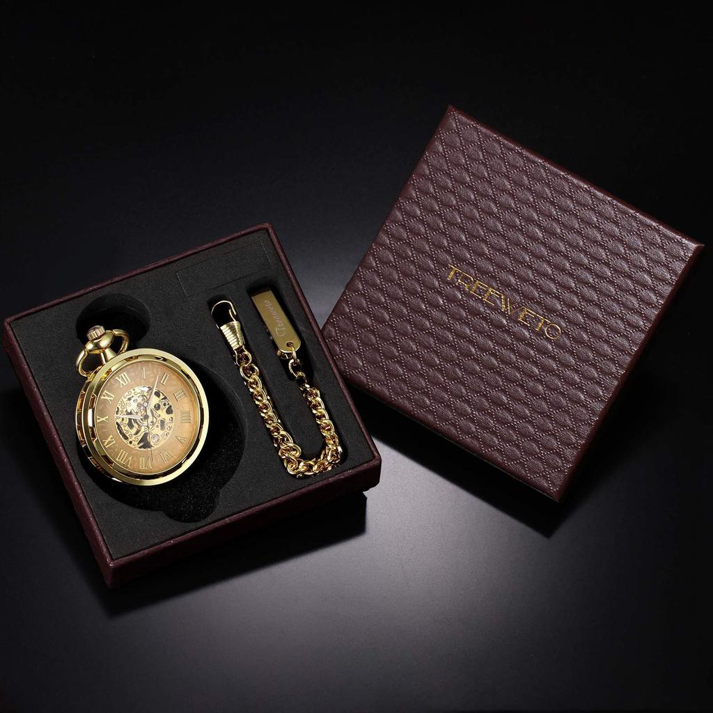 TREEWETO Antique Mechanical Skeleton Pocket Watch with Chain Hand-wound Men's (Gold)