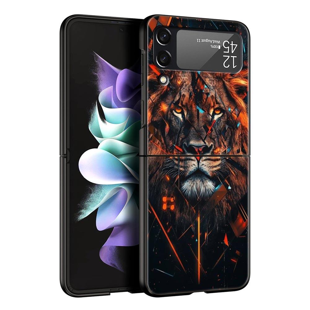 Cross Pattern Bicolor Lion Hard PC Phone Case For Samsung Galaxy Z Flip 7 6 5 4 Black Cover For Galaxy Z Flip 3 Foldable Fundas