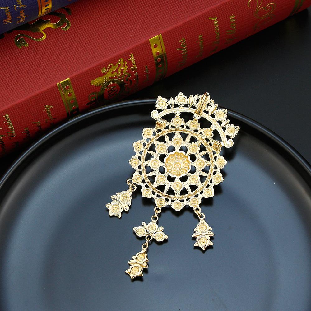 Women's Crystal Brooch Gold Color Round Flower Metal Brown Brooch Hijab Pins Bridal Jewelry