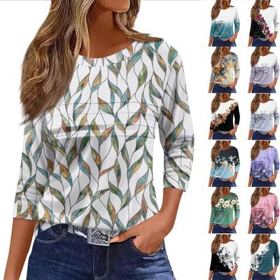 Женская мода повседневный свободный топ с рукавом 3/4 в полоску с круглым вырезом