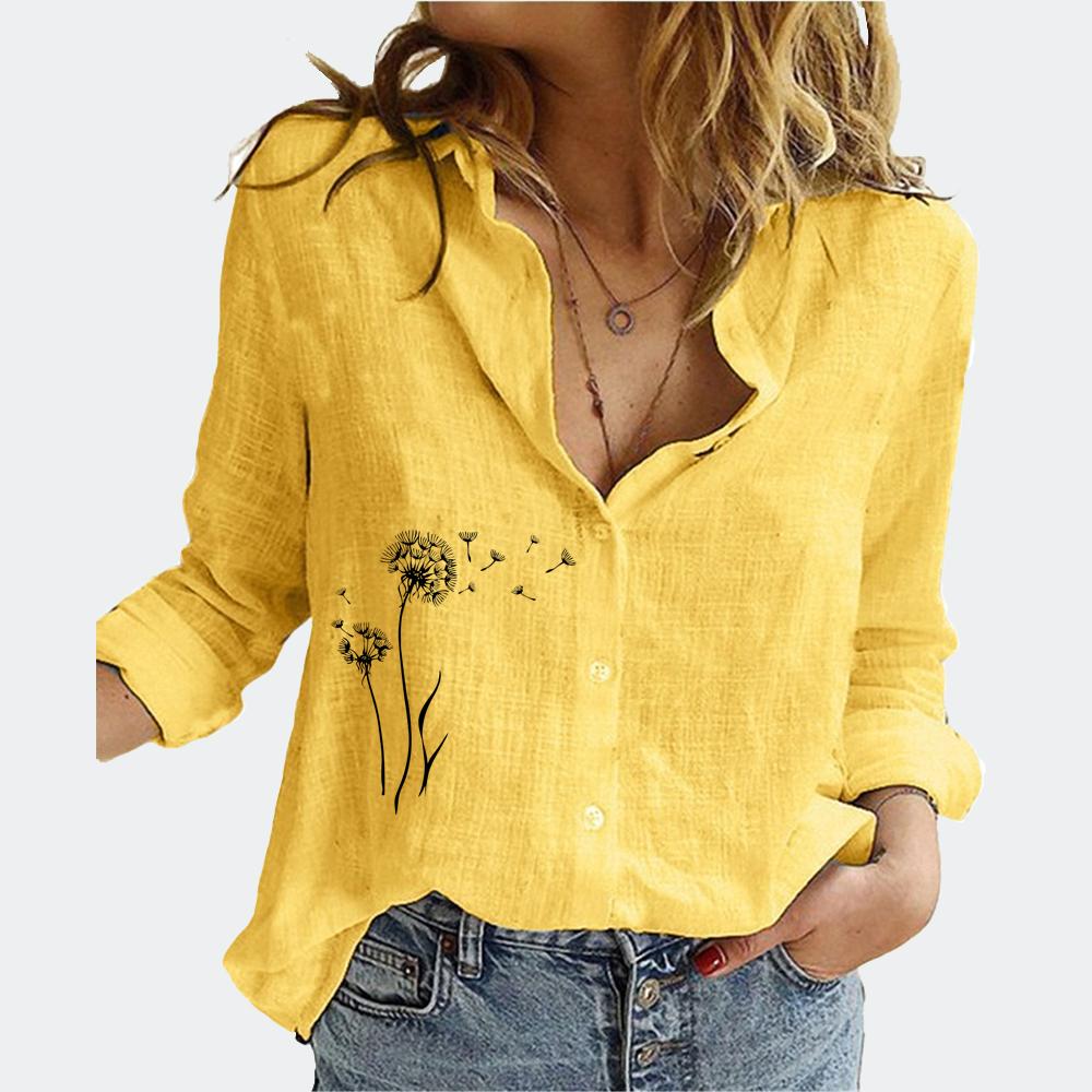 Women Floral Print Long Sleeve T-shirt Fashion Lapel Neck Cotton Linen Top Summer&fall Female Loose Buttoned Blouses