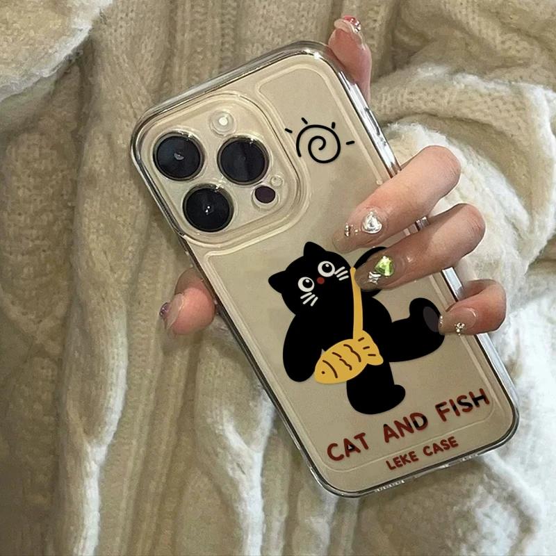 Cute Black Cat & Fish Clear Phone Case, Cartoon Animal Shockproof Cover for iPhone