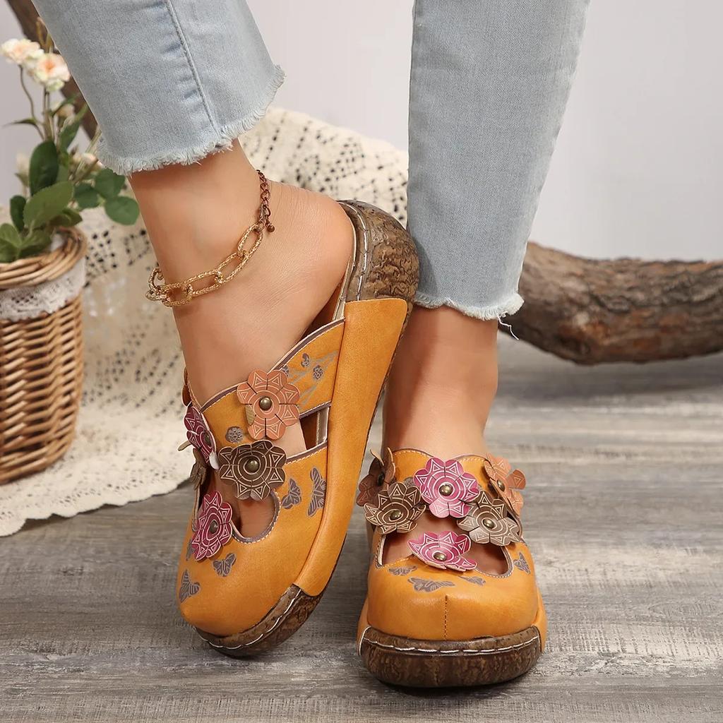 New Baotou Ethnic Slippers Bottom Flower Handmade Thick Sole Retro Women's Platform Sandals Zapatillas Mujer 2025