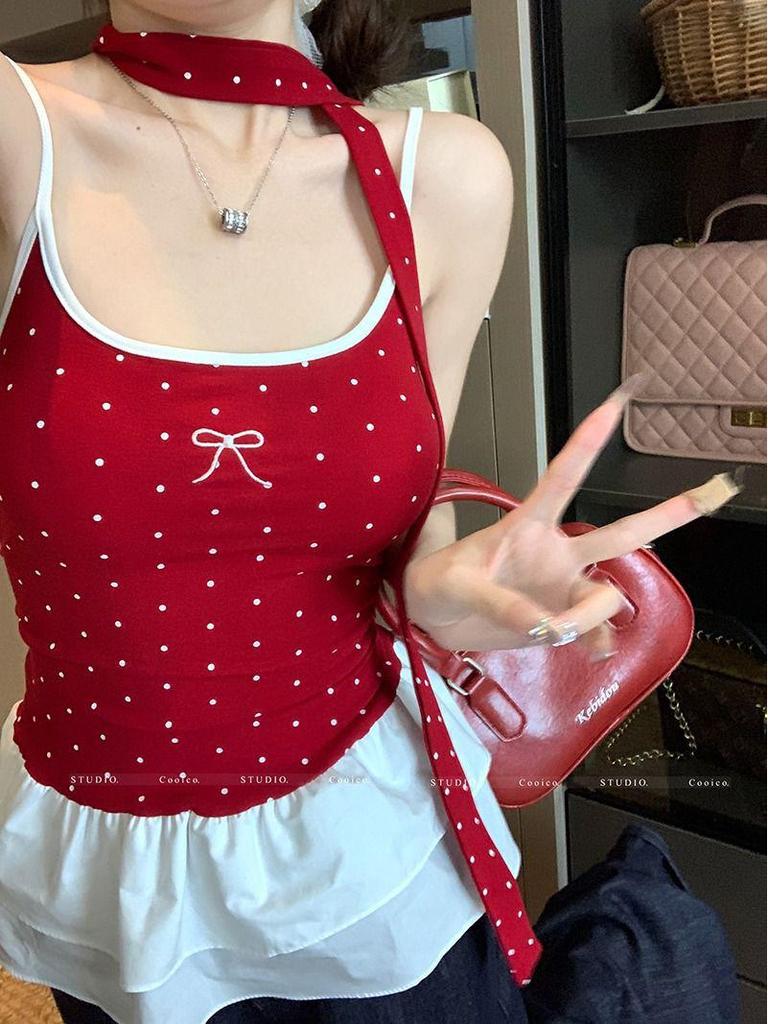 Women's Polka Dot Bow Camisole – Summer Ruffled Patchwork Top