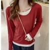 Spring Autumn Fake Two Pieces Casual Fashion T-shirt Women Long Sleeve All-match Pullover Tee Top
