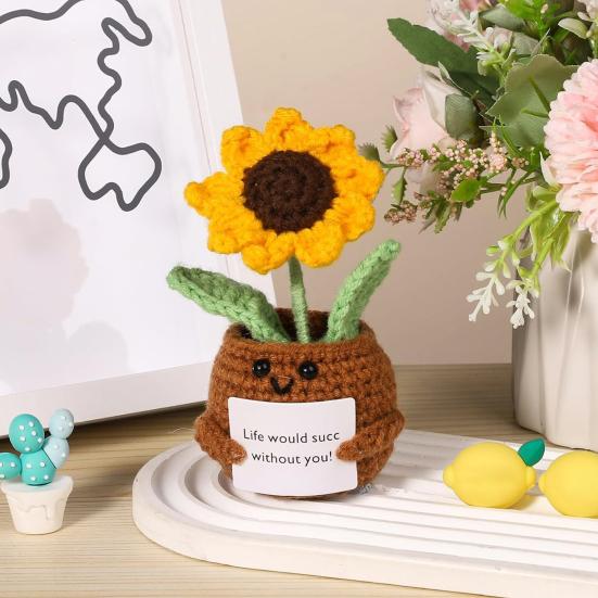 Вязаная крючком кукла подсолнуха, игрушка ручной работы для эмоциональной поддержки с ободряющей карточкой, вязаное украшение для горшка с растением подсолнечника, забавная кукла позитивной жизни