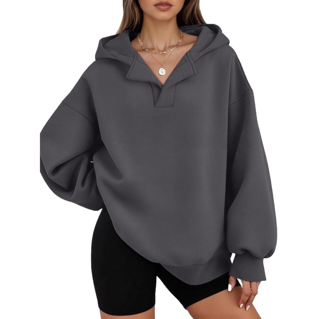Women's Casual V-neck Pullover Long-sleeve Solid Color Fleece-lined Hooded Sweatshirt Top
