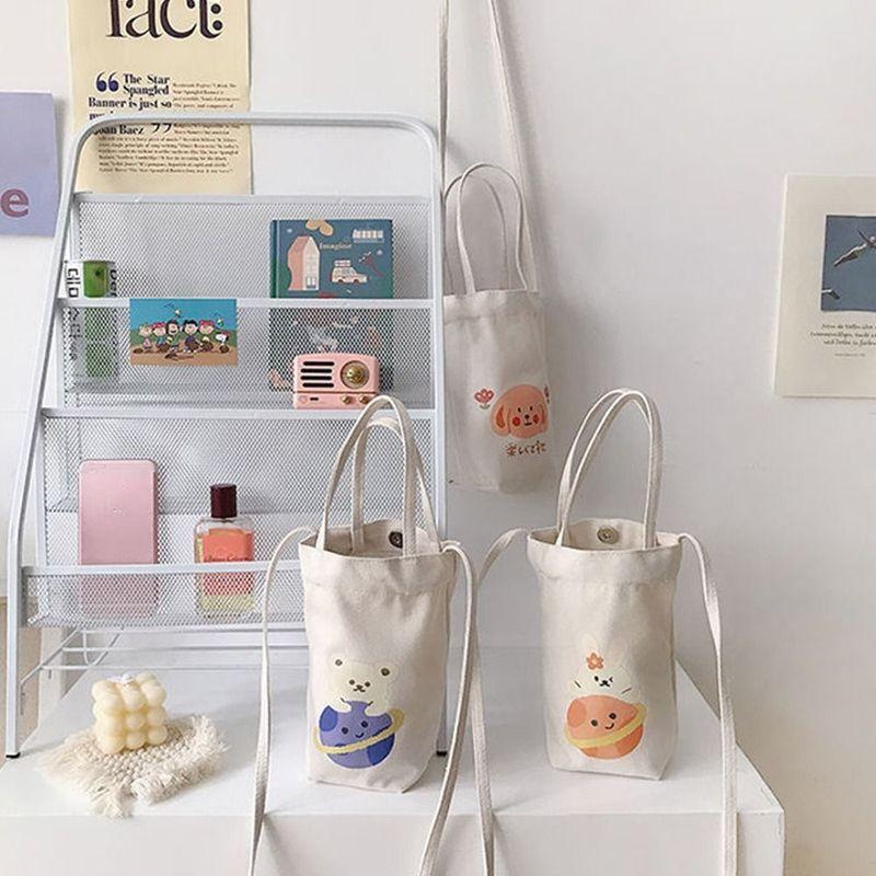 Portable Water Bottle Holder Carry Bag Coffee Cup Storage Sleeve Cover Canvas Printing Milk Tea Set Cute Cartoon Bottle Cover