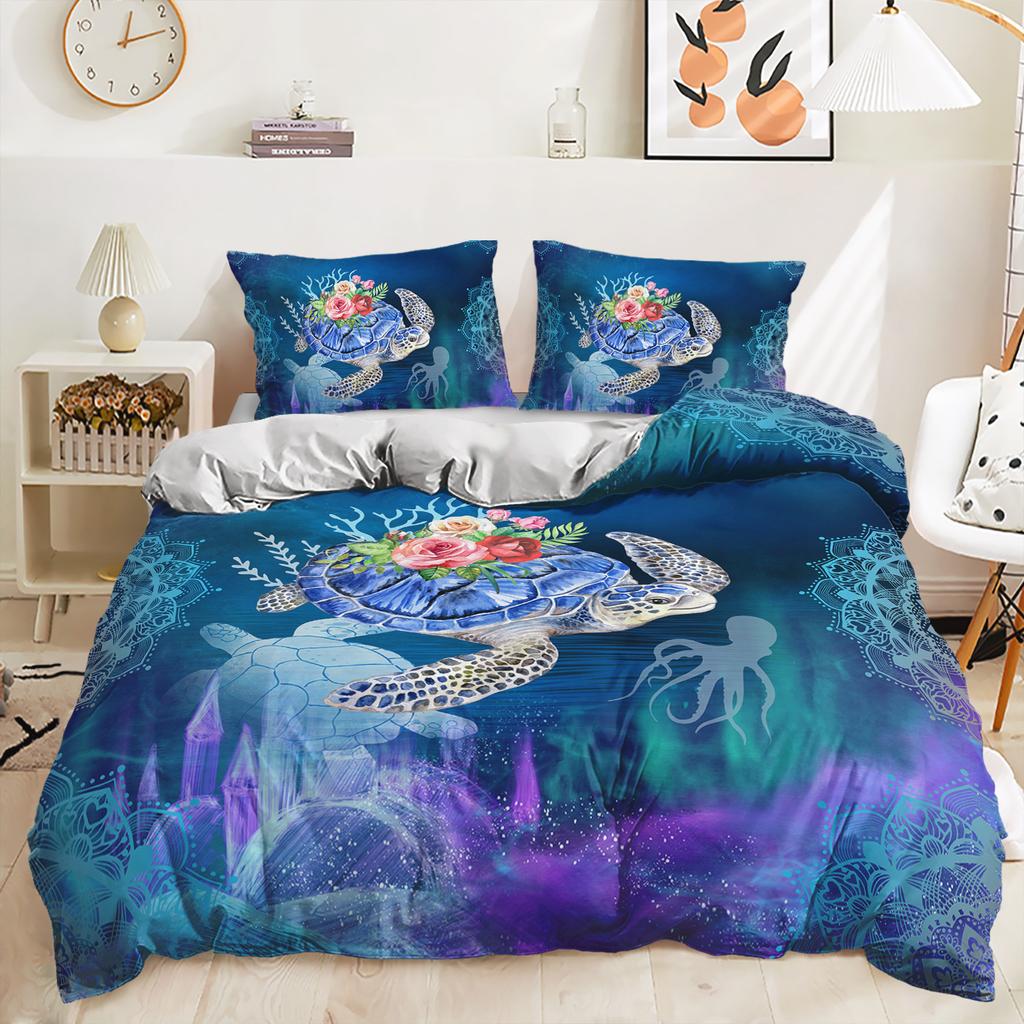 Комплект постельного белья из трех предметов с пододеяльником и цифровой печатью на морскую тематику с морской черепахой