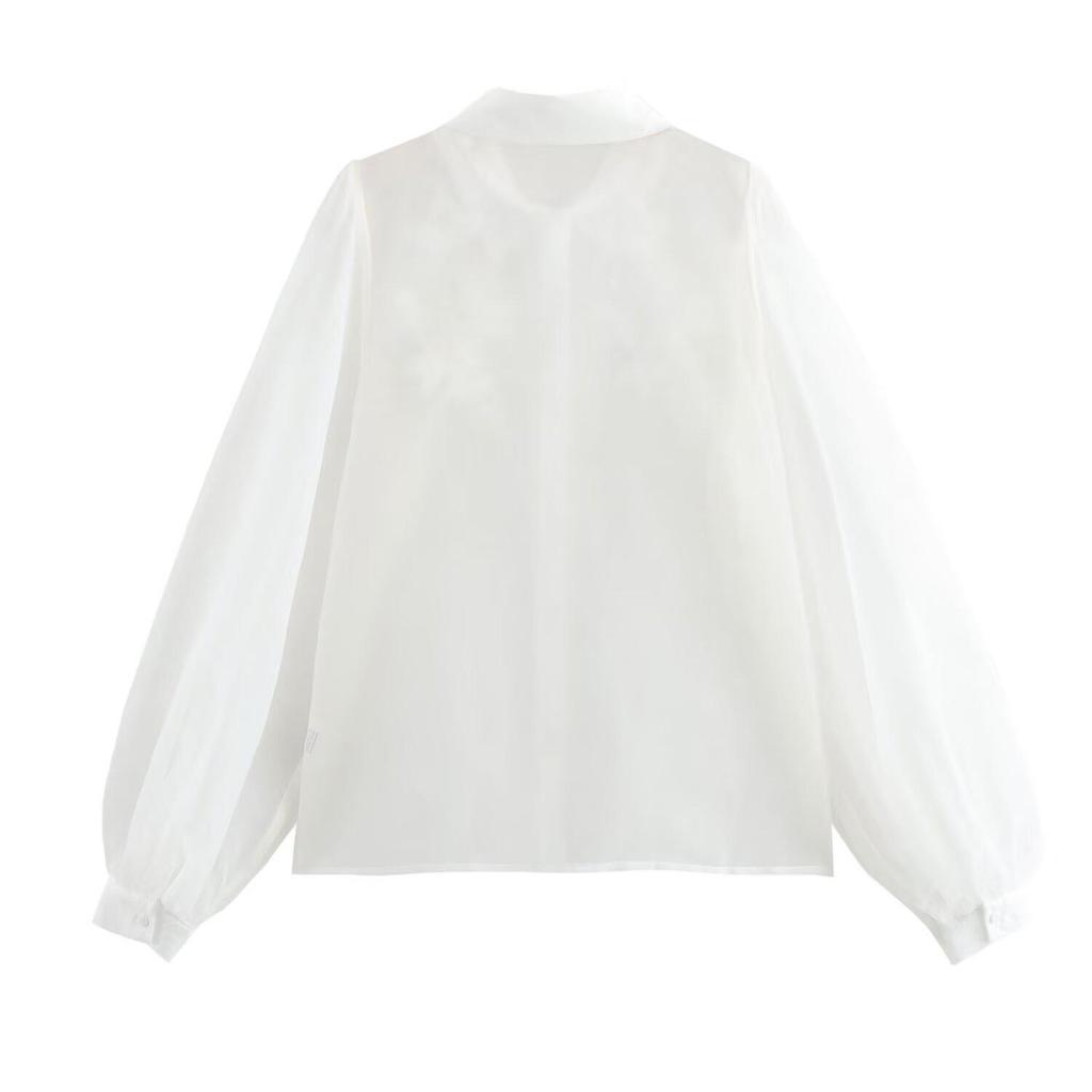 2024 Autumn Women's European-American Style Organza Flower See-Through Shirt