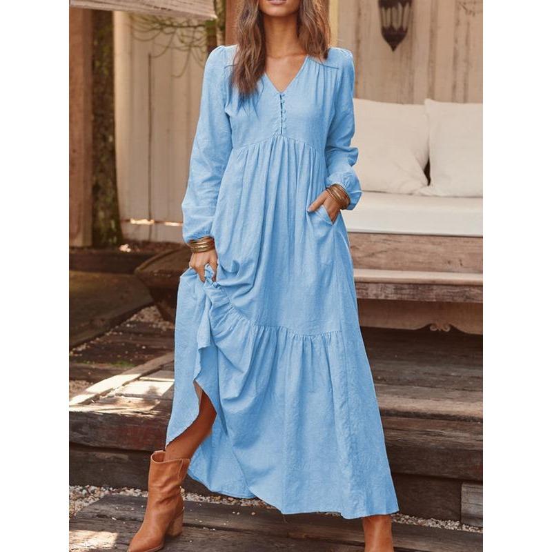 Women's Fashion Spring Fall Solid Color Print Long Sleeve V-Neck Loose Waistline Casual Dresses