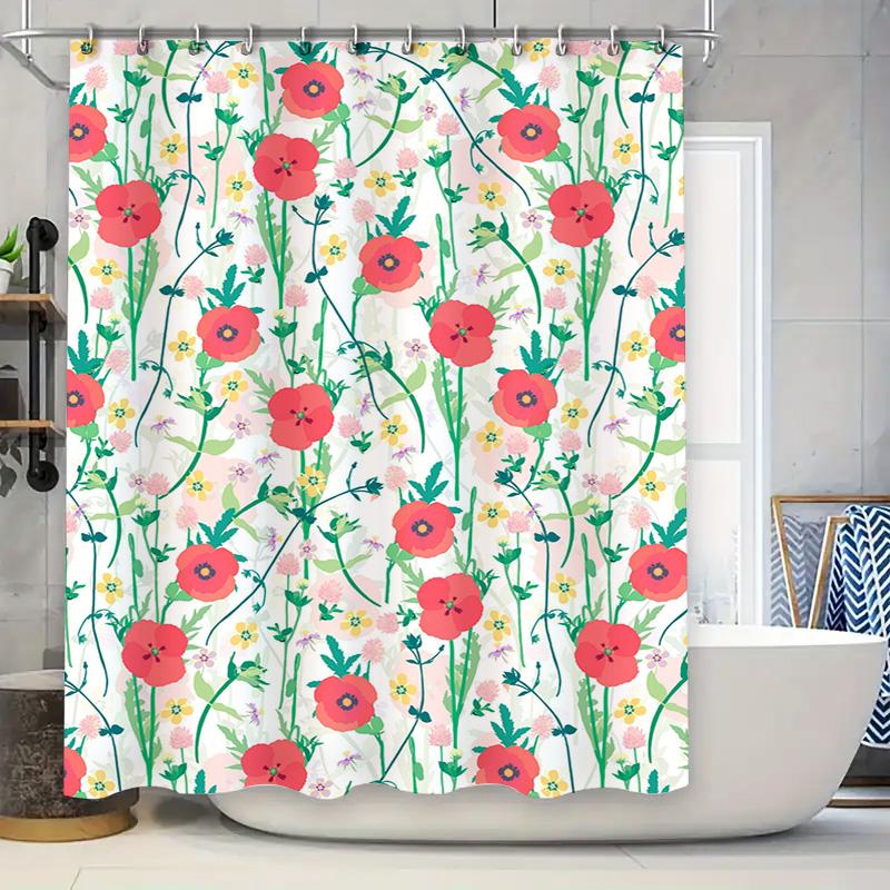Delightful Floral Shower Curtain Red Poppy Yellow Bloom Pattern Bath Decor Waterproof Fabric with Hook Rings for Home Bathroom