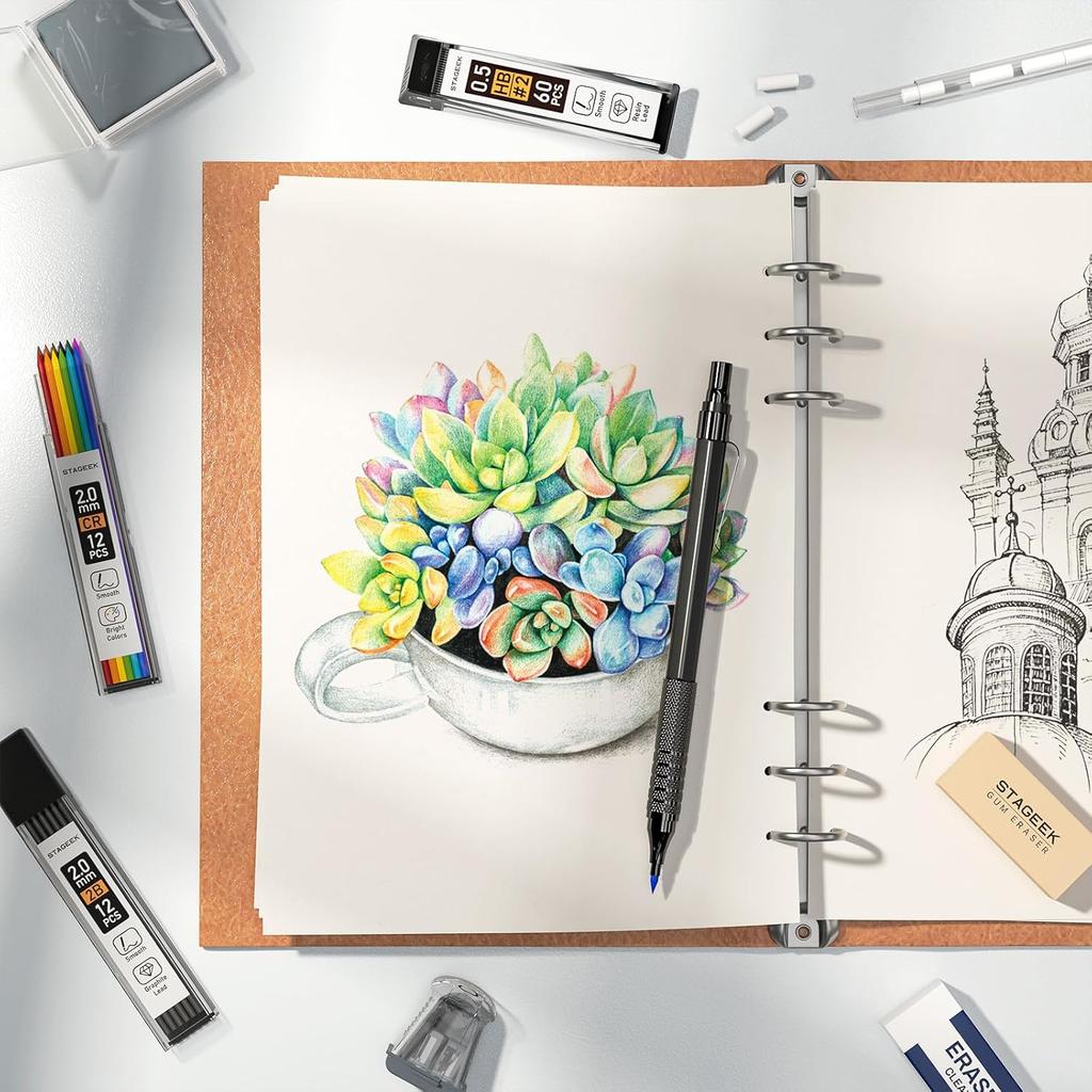 21PCS Metal Mechanical Pencil Set, Art Lead Pencil 0.3, 0.5, 0.7, 0.9, 2mm Holder(HB 2H 2B 4B Color) with 10 Tubes Graphite Lead Refills Eraser with