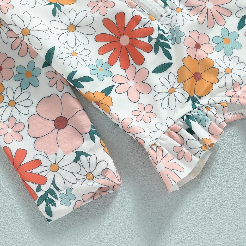 Детские купальники для маленьких девочек, 12 месяцев, 18 месяцев, 24 месяца, 3 года, 4 года, 5 лет, летние комбинезоны с длинными рукавами и оборками на молнии с цветочным принтом, купальники, пляжная одежда, купальные костюмы