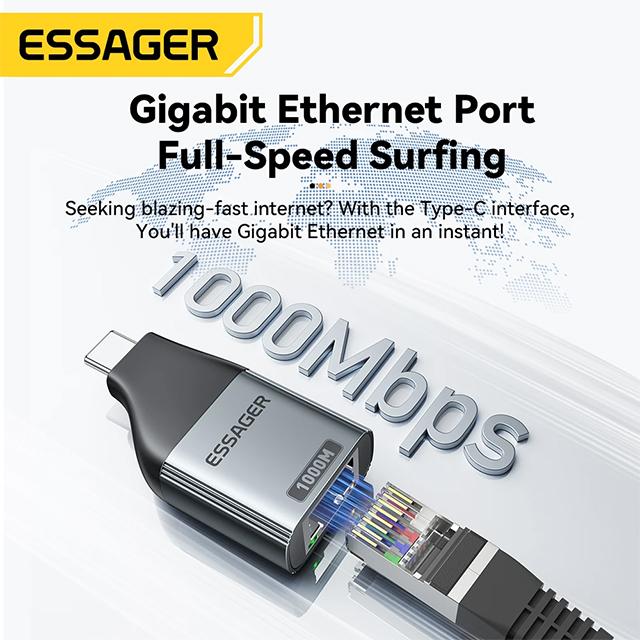 Адаптер Essager Type-C к Ethernet 100/1000 Мбит/с, высокоскоростной гигабитный адаптер RJ45 к Type-c для проводной сетевой карты ноутбука MacBook