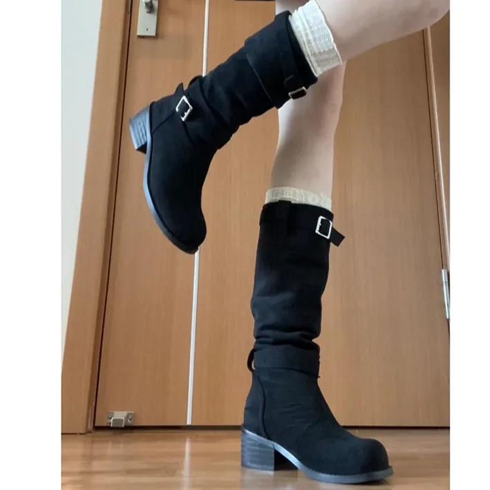 Fashion Women Vintage Pile Western Cowboy Boots Spring Autumn Long Boots Women Round Toe Slip On Knee High Casual Platform Botas Mujer