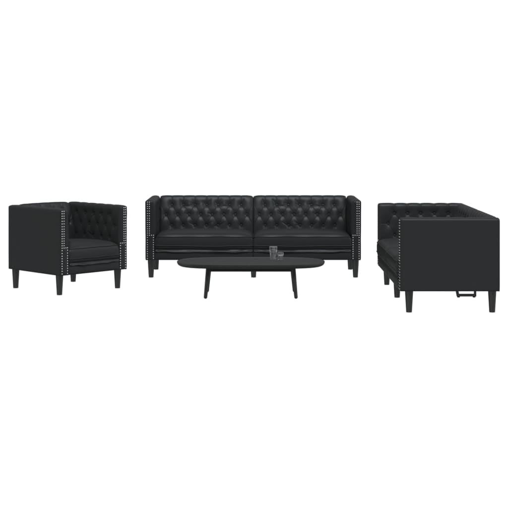 Vidaxl 3-Cz. Zestaw Wypoczynkowy Chesterfield, Czarny, Sztuczna Skóra