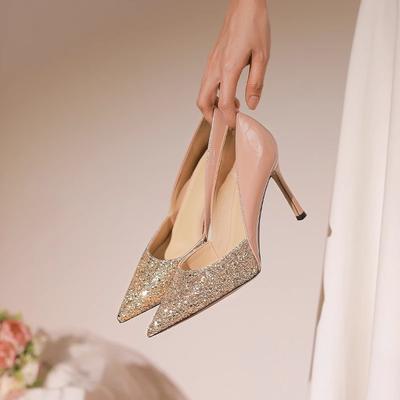 Свадебные туфли с кристаллами и пайетками 2025 новые туфли-лодочки на тонком каблуке с вырезами, женские с острым носком, сексуальные, для подружек невесты, банкетные туфли на высоком каблуке