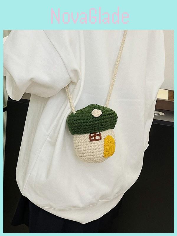 Cute Mushroom Mini Shoulder Bag With Knitted Wool For Children And Teens