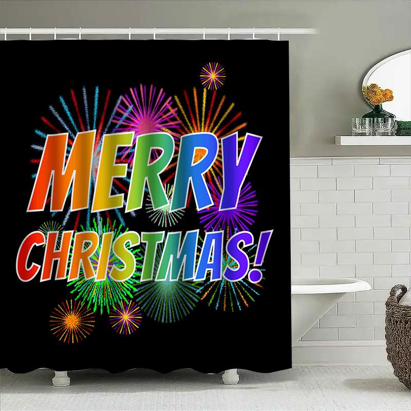 С Рождеством Шторка для душа с фейерверком, Многоцветный градиентный текст на черном для яркой праздничной ванной