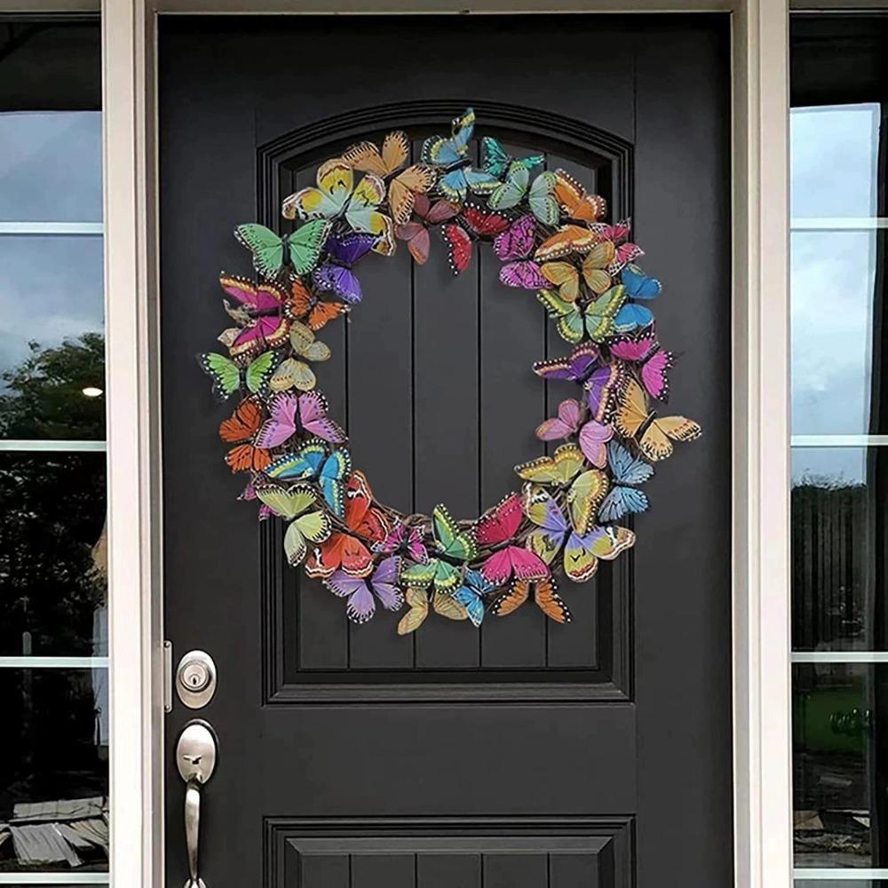 40cm Colorful Decorative Butterflies Spring Wreath for Front Door, Handmade Artificial Wreath for Seasonal Decor