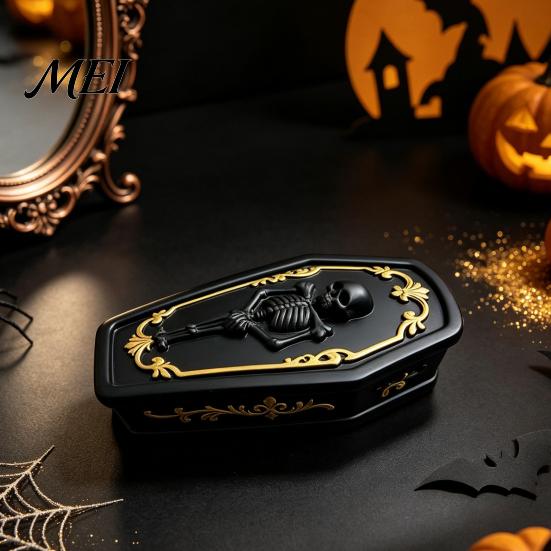 Vintage Bone Texture Box Gothic Skull Casket Jewelry Box, Resin Spooky Storage Figurine for Decorative Trinket Container Rings, Halloween Dark