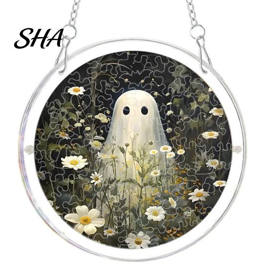 Transparent Halloween Wall Decor Acrylic Suncatcher Jigsaw Puzzle Set, Spooky Ghost Floral Meadow Window Hanging Ornament with Metal Cheerful Frame &